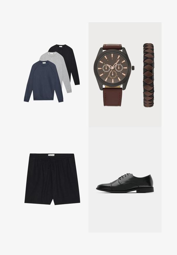 Trei pulovere cu mânecă lungă și guler rotund, în nuanțe de bleumarin, gri deschis și negru, așezate pe un fundal alb.; Șorturi negre, cu talie elastică și cordon, având o textură netedă și o croială dreaptă, potrivite pentru purtare casual.; Pantofii negri din piele, cu vârful rotunjit, design cu șireturi, detalii de cusătură subtile și toc joasă. Textura netedă cu un finisaj lustruit.; Pier One SET - Ceas de mână - black/brown