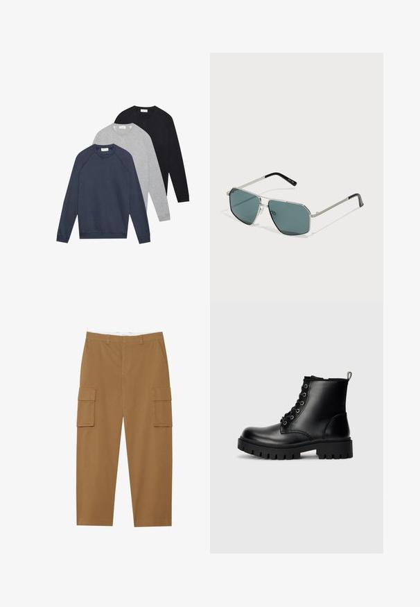 Three long-sleeve crewneck sweatshirts in navy, light gray, and black, layered and laid flat on a white background.; Brown cargo pants with two side pockets, a flat front, and a straight leg cut. Made from a durable fabric with a smooth texture.; Black leather ankle boots with a round toe, lace-up design, and a rugged, thick sole. Features a pull tab at the heel and silver hardware.; Metal-frame sunglasses with hexagonal lenses, dark green tint, silver accents, and black temple arms. Textured details on frame.