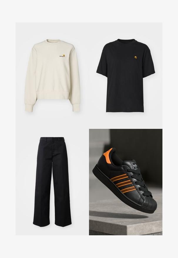 Sweatshirt couleur crème en tissu doux, doté d'un col rond, de poignets côtelés et d'un petit logo brodé sur la poitrine.; T-shirt en coton noir à coupe décontractée. Présente un col rond et des manches courtes. Comprend un petit logo doré brodé sur la poitrine.; Pantalons larges noirs en tissu de coton doux. Dotés d'une taille classique, de poches latérales et d'une coupe droite jusqu'à l'ourlet.; Baskets noires avec des accents orange, trois bandes horizontales, tige en cuir texturé, protection en caoutchouc à l'avant et lacets noirs.