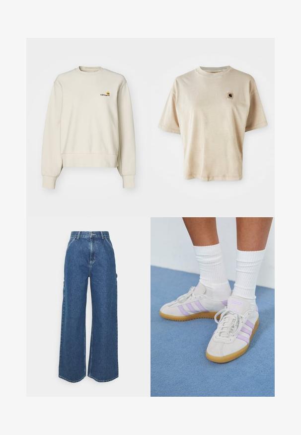 Crème-kleurige sweatshirt gemaakt van zachte stof, met een ronde halslijn, geribde manchetten en een klein geborduurd logo op de borst.; Beige katoenen t-shirt met een relaxte pasvorm, ronde hals, korte mouwen en een klein vierkant logo-opdracht op de linkerkant van de borst.; Brede blauwe denim broeken met een hoge taille, contrasterende stiksels en zijzakken, uitgerust met een klassieke vijf-pocket stijl en ongewerkte naden.; Lichtgrijze nubuck sneakers met drie lila strepen, een rubberen zool, platte veters en witte geribbelde sokken. Tegen een blauwe achtergrond.