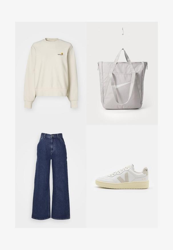 Krémová mikina vyrobená z měkké tkaniny, s kulatým výstřihem, žebrovanými manžetami a malým vyšitým logem na hrudi.; Černý dlouhý rukáv cropped top s žebrovanou strukturou, širokým výstřihem a přiléhavým siluetou, s jemným akcentem loga značky.; Široké denimové džíny v tmavě modré barvě, s vysokým pasem, předními kapsami a zipem s kovovým knoflíkem. Hladká textura a klasický design.; Bílé kožené tenisky s béžovými semišovými akcenty, perforovanou špičkou, plochými tkaničkami a strukturovanou krémovou podešví. Obsahují jemné logo na patě.; Šedá taška přes rameno s vyztuženými uchy, přední kapsou na zip a bílým logem Nike swoosh. Vyrobena z odolné tkaniny s hladkou texturou.