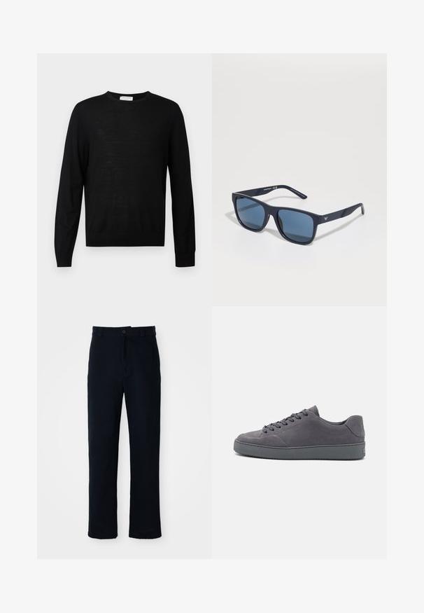 Juodas ilgų rankovių megztinis, pagamintas iš minkštos medžiagos, turi apvalų iškirpimą, raukšlėtas rankogalius ir tiesią apatinę dalį. Minimalistinis dizainas, be raštų.; Tamsiai mėlynos medvilninės kelnės, turinčios tiesioginį kirpimą, priekyje užsegamos mygtuku ir klasikine juosta su dirželio kilpom.; Pilki zomšiniai sportbačiai su žemų pakulnių dizainu, apvalia nosimi, su raišteliais ir tekstūruota guma. Minimalistinis stilius su subtiliu prekės ženklu ant kulno.; Mėlynos stačiakampės saulės akinių su tamsiais objektyvais, matinio jūros gylio rėmu, su logotipo detalėmis ant šventyklos, tiesiomis šakėmis ir vientisa, lygi tekstūra.