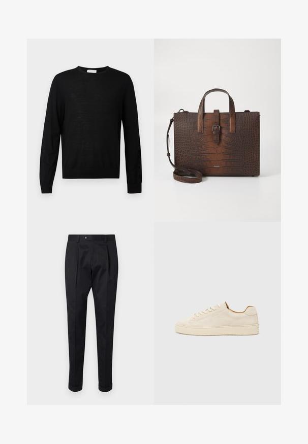 Black long-sleeve sweater made from soft fabric, features a round neckline, ribbed cuffs, and a straight hem. Minimalist design, no patterns.; Black trousers made of a smooth fabric, featuring a fold at the front, a button closure, and rolled cuffs at the ankle.; Beige suede sneaker with a low-top design, round toe, flat laces, and a textured rubber sole. Minimalist style with no visible logos.; Brown crocodile-embossed leather handbag with top handles and a detachable shoulder strap. Features a buckle closure and rectangular shape.