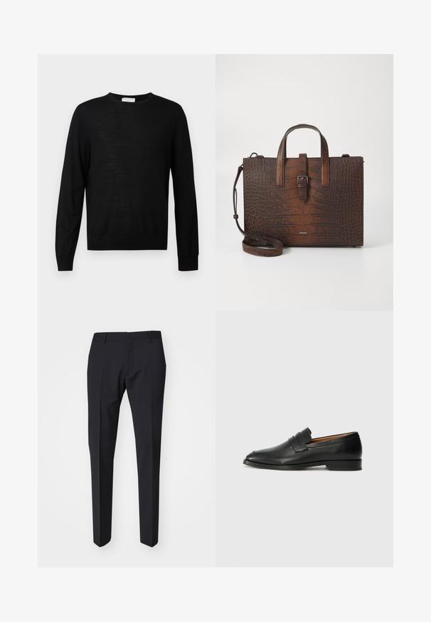 Zwarte longsleeve trui gemaakt van zachte stof, met een ronde halslijn, geribbelde manchetten en een rechte zoom. Minimalistisch ontwerp, zonder patronen.; Donkerblauwe broek met een slim fit. Gemaakt van een gladde, gestructureerde stof, met een vlakke voorkant, riemlussen en zijzakken.; Zwarte leren instapper met een ronde neus, subtiele stikdetails en een lage hak, met een gladde textuur en een minimalistisch ontwerp.; Bruine handtas van krokodillenleer met reliëf, voorzien van bovenhandgrepen en een afneembare schouderband. Bevat een gespsluiting en heeft een rechthoekige vorm.