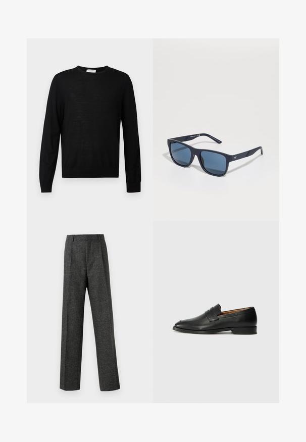 Pull noir à manches longues en tissu doux, avec un col rond, des poignets côtelés et un ourlet droit. Design minimaliste, sans motifs.; Pantalon gris ajusté en tissu texturé, doté de deux plis sur le devant et d'une coupe droite. Pas de poches visibles ni de décorations.; Mocassin en cuir noir avec un bout arrondi, des coutures subtiles et un talon bas, présentant une texture lisse et un design minimaliste.; Lunettes de soleil rectangulaires bleues avec verres foncés, monture mate marine, détail de logo sur la branche, branches droites et texture lisse et uniforme.