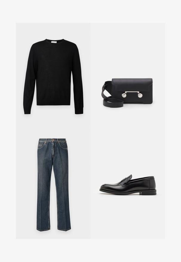 Black long-sleeve sweater made from soft fabric, features a round neckline, ribbed cuffs, and a straight hem. Minimalist design, no patterns.; Dark blue straight-leg denim jeans with front button, zip fly, double front pockets, and visible vertical creases down the legs.; Black leather loafers with a smooth texture, rounded toe, and a decorative strap across the vamp. Low stacked heel, minimalist design.; Black leather crossbody bag with a flap closure, silver-tone hardware, and two round accents. Features a detachable strap. Smooth texture.