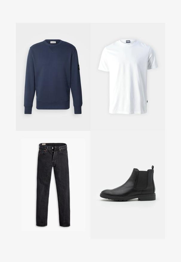 Calvin Klein Jeans BADGE CREW NECK - Sweatshirt - ink; Hvit bomull T-skjorte med rund hals og korte ermer, med en subtil preget "Joop!" logo på brystet og rett nederkant.; Sorte denimjeans med rett passform. Har fem lommer, to frontlukkinger med knapp og subtile kontrasterende sømmer. Matt tekstur.; Sorte skinn Chelsea-støvler med elastiske sidepaneler og en pull-tab, med en avrundet tå og teksturert gummisåle.