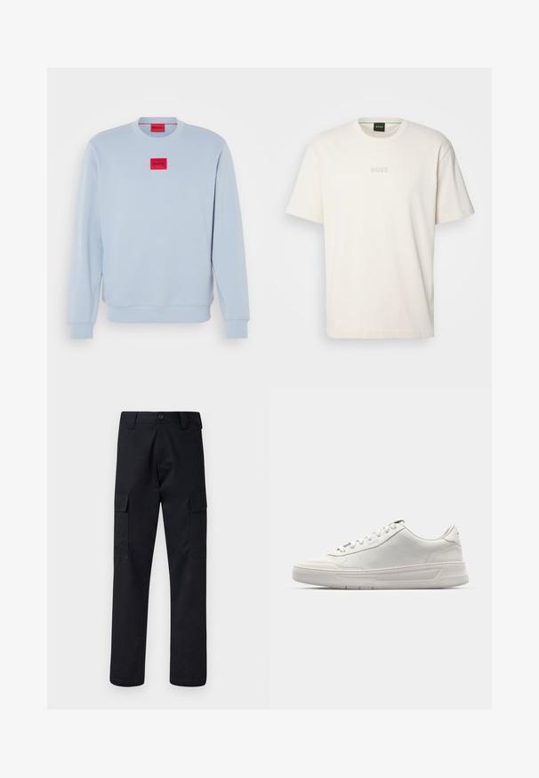 Light blue sweatshirt with long sleeves, round neckline, and red square logo patch. Made from soft fabric; features ribbed cuffs and hem.; BOSS TEE - Basic T-shirt - open white; Black cargo pants made of sturdy fabric, featuring a straight-leg cut, two side pockets, and a button closure at the waistband.; White sneakers with a smooth leather upper, round toe, lace-up closure, and a thick rubber sole. Subtle logo on the side.
