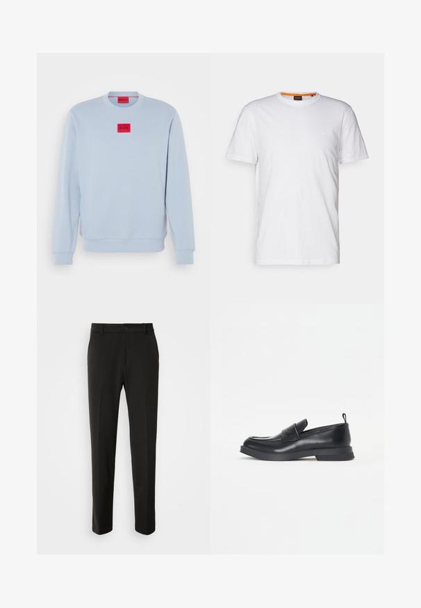 Hele sinine dressipluus pikkade varrukatega, ümar kaelus ja punane ruudukujuline logo märgis. Valmistatud pehmest kangast; omab soonikkoes mansette ja allserva.; Valge puuvillane T-särk ümmarguse kaelusega, lühikeste varrukatega ja rinna peal diskreetse reljeefse logoga. Siseetiketil on oranž detail.; Mustad püksid siledast kangast, sirgete jalgadega, nupuvõtme sulgemisega ja klassikaline disain, sobiv nii ametlikeks kui ka igapäevasteks kandmiseks.; Mustad mustad kingad ümarate varvastega, esiosa rihmaga ja madala kummitaldiga. Hästi peene õmblusega ja taga on tõmblauad.