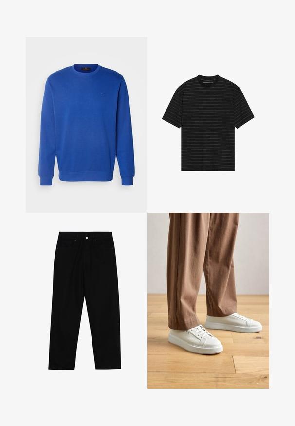Felpa blu con scollatura a girocollo, maniche lunghe e polsini a coste. Presenta un logo ricamato discreto sul petto. Tessuto misto cotone.; T-shirt nero a maniche corte con sottili righe orizzontali bianche. Realizzato in tessuto morbido con scollatura rotonda e vestibilità comoda.; Pantaloni in denim nero con taglio dritto, design a cinque tasche e chiusura frontale con bottone. Tessuto liscio con dettagli di cucitura minimi.; Persona che indossa sneakers bianche testurizzate a bassa altezza e pantaloni larghi marroni, in piedi su un pavimento in legno chiaro.