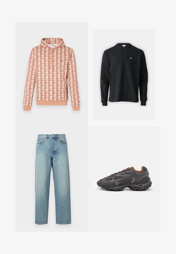 Šviesiai persikų spalvos su geometriniu raudonu raštu kapučino megztinis. Yra priekinis užtrauktukas ir gumuoti rankogaliai. Mažas logotipas ant krūtinės.; Juodas ilgomis rankovėmis marškinėliai iš medvilnės, turintys apvalią iškirptę ir mažą žalią išsiuvinėtą krokodilo logotipą kairėje krūtinės pusėje.; Šviesiai mėlynos džinsinės kelnės su laisvu siluetu, tiesiomis kojomis, penkių kišenių dizainu ir sagčių uždarymu juosmens srityje. Minimalistinis siuvinėjimo akcentas.; Lacoste sportbačiai tamsiai pilki, pagaminti iš tinklinės ir sintetinių medžiagų, su tekstūruotu padu ir rudomis detalėmis ant apykaklės bei prekės ženklo.