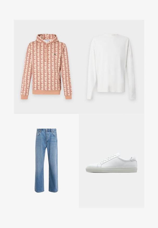 Hanorac cu glugă de culoare piersică deschisă, cu un model geometric roșu. Dispune de un fermoar în față și manșete ribernate. Logo mic pe piept.; Cămașă albă din bumbac cu mâneci lungi, decolteu rotund, fante pe laterale la baza, cu o textură netedă, expusă din spate.; Jeans din denim bleu deschis cu un design drept, cinci buzunare, închidere cu buton, decolorare minimă și detalii de cusătură în contrast.; Adidași albi cu o suprafață din piele netedă și un profil jos. Au un vârf rotunjit, șase orificii pentru șireturi și o talpă din cauciuc texturată.
