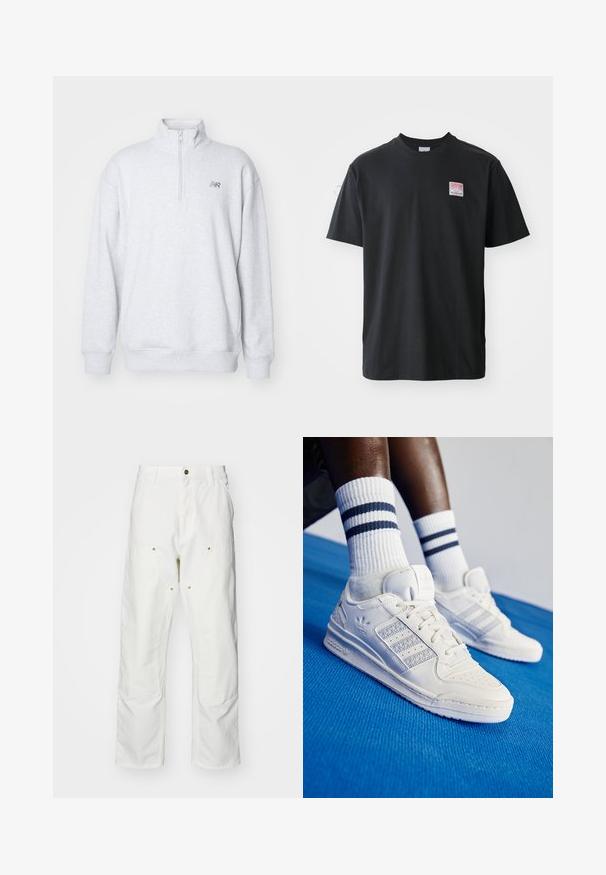 Szürke zipzáros kapucnis pulóver, puha anyagból készült, magas gallérral és hosszú ujjakkal. Kicsi logó díszítés a mellkason. Egyszerű dizájn.; Fekete pamut póló kerek nyakkal, rövid ujjakkal és egy kis színes címkével a bal mellrészen, amelyen a "SUPERIOR" szó szerepel.; Fehér pamut cargo nadrág, laza szabású. Jellemzői közé tartozik az elülső zsebek, az arany színű fémalkatrészek és a megerősített térd részek.; Fehér bőr sportcipők perforált díszítéssel, három fényes csíkkal és texturált oldalpanellel. Fehér zoknival viselve, ami kék csíkos.
