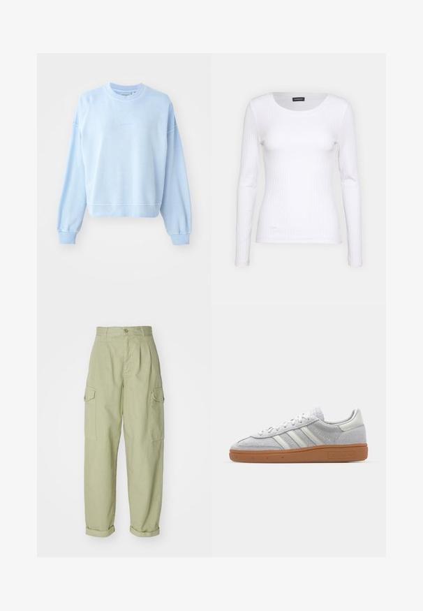 Gaiši zils džemperis, izgatavots no mīksta kokvilnas materiāla. Iespējas: apaļš kakls, kritušas plecu šuves, ribotas aproces un apakšmala ar smalku zīmolu.; Balts ribots garām piedurknēm krekls ar apaļu kakla izgriezumu. Izgatavots no elastīga auduma, kas pieguļ ķermenim. Iezīmējas ar smalkām horizontālām līnijām.; Gaiši zaļas kravas bikses, izgatavotas no kokvilnas auduma. Tām ir augsts jostasvieta, sarullētas malas un divi sānu kravas kabatas papildu praktiskumam.; Gai pelēki zamšīgās kedas ar baltām ādas detaļām, trim baltām līnijām un brūnu gumijas zoli, ar mīkstinātu apkakli komforta nodrošināšanai.