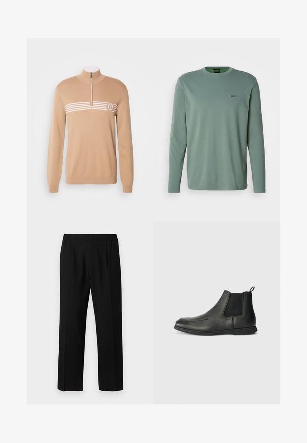 Beige strikkegenser med halv glidelås i kragen, detaljer med hvite horisontale striper og logo på venstre bryst. Glatt tekstur, lange ermer.; Lys grønne langermede t-skjorte laget av myk stoff. Har en rund hals og en liten "BOSS" logo brodert på brystet.; Svarte bukser laget av et glatt stoff, med elastisk liv, rett ben-design og to frontfold for ekstra detaljer.; Svarte lærankleboots med en glatt tekstur, elastiske sidelapper og en løfteløkke bak. Rund tå og gummisåle.