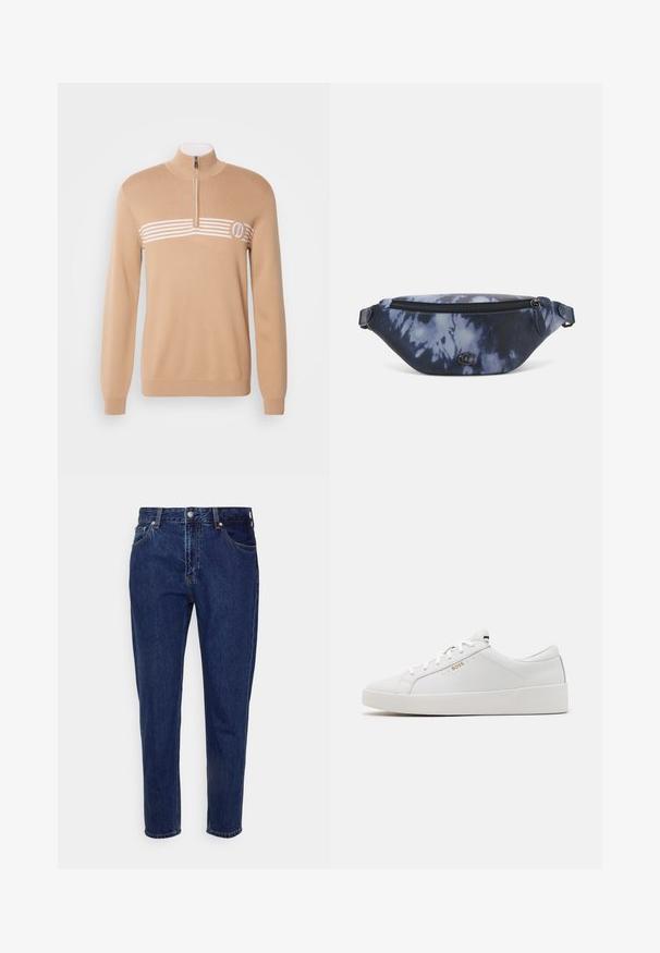 Beiger Strickpullover mit einem halben Reißverschlusskragen, der weiße horizontale Streifen und ein Logo auf der linken Brust aufweist. Glatte Textur, lange Ärmel.; Dunkelblaue Denim-Jeans mit geradem Bein, fünf Taschen und einer Knopfverschluss. Verfügt über dezente Verwaschungen und Nähte.; BOSS BELWAR - Sneaker low - white; Bauchtasche im dunkelblauen Batikdruck mit einem Reißverschluss oben, strukturiertem Material und einem auffälligen Logodetail auf der Vorderseite.