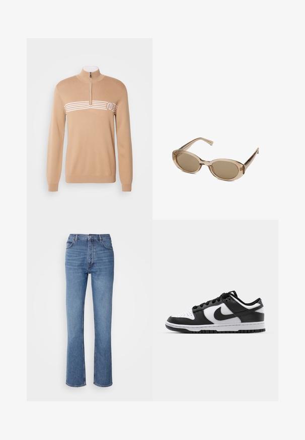 Beżowy sweter z dzianiny z krótkim zamkiem przy kołnierzu, ozdobiony białymi poziomymi pasami i logo po lewej stronie klatki piersiowej. Gładka struktura, długie rękawy.; Niebieskie dżinsy o wysokim stanie, prostym kroju nogawek i subtelnych przetarciach. Posiadają klasyczny pięciopakowy styl oraz zamek błyskawiczny.; Czarno-białe sneakersy Nike Dunk z skórzaną cholewką, perforowanym czubkiem, czarnymi sznurówkami oraz czarną gumową podeszwą z bieżnikiem.; Okulary przeciwsłoneczne z przezroczystą beżową oprawą, owalnymi soczewkami i smukłymi zausznikami. Posiadają jasnobrązowe przyciemniane soczewki oraz minimalne logo.