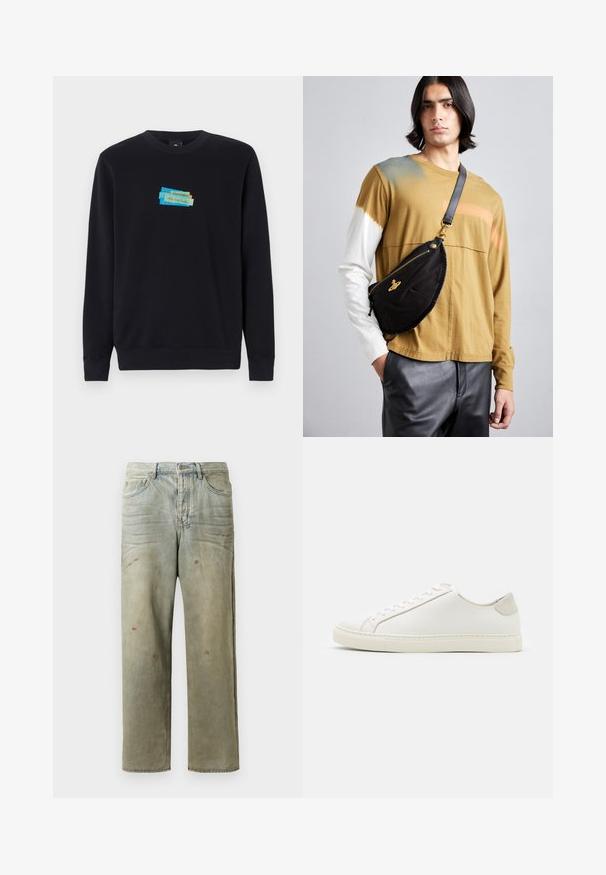 Sudadera negra de mezcla de algodón, con un diseño impreso en pantalla de cinta de colores y "Paul Smith" bordado en el centro.; Camiseta gris de manga corta hecha de una tela suave y texturizada. Presenta un cuello redondo clásico y un dobladillo recto, adecuada para uso casual.; Jeans de mezclilla desgastados en verde claro, con corte recto, diseño de cinco bolsillos y decoloración desigual con manchas de pintura.; Zapatilla blanca de cuero con una superficie suave, punta redonda y diseño minimalista. Presenta acentos en beige en el talón y una suela de goma.; Vivienne Westwood CITY BUMBAG UNISEX - Riñonera - black