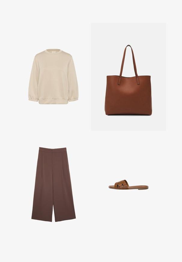 Kaffe KASIF - Felpa - feather gray; Pantaloni ampi marroni con una texture liscia, caratterizzati da una vita alta e pieghe frontali. Il tessuto è leggero e scorre liberamente.; Sandalo in pelle marrone con fasce incrociate, suola piatta e una texture liscia. Design semplice senza decorazioni o motivi.; Borsa tote in pelle marrone con texture liscia, design con apertura superiore e due spallacci. Presenta cuciture minime e nessun hardware visibile.