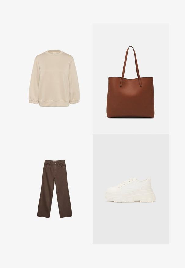 Kaffe KASIF - Sweatshirt - feather gray; Weite braune Jeans aus Denim, mit hoher Taille, Fronttaschen und klassischem Knopfverschluss. Glatte Textur mit feinen Nähten.; Weiße Leinensneaker mit einer massiven Sohle, abgerundeter Spitze und fünf Ösen für Schnürsenkel. Hinterer Tab für ein einfaches Anziehen. Glatte Textur, minimalistisches Design.; Braune Leder-Tote mit glatter Textur, offenem Oberteil und zwei Schulterriemen. Verfügt über minimale Nähte und keine sichtbaren Beschläge.