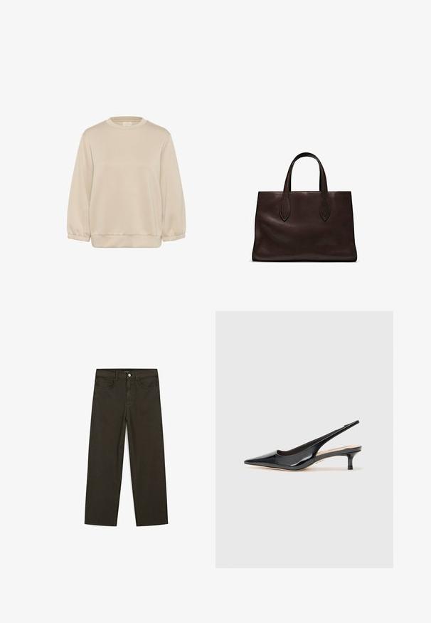Kaffe KASIF - Mikina - feather gray; Tmavě zelené široké džínsy vyrobené z bavlněné směsi, s předním zapínáním na knoflík, pěti kapsami a klasickým denimovým stehem.; Černé lakované kožené lodičky se špičatou špičkou a štíhlým středně vysokým podpatkem. Hladký povrch s minimalistickými designovými prvky.; Hnědá kožená taška přes rameno s dvěma dlouhými uchy, strukturální obdélníkový tvar, hladká textura a jemné švy.