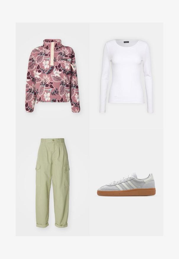 Pulover din fleece roz cu model floral, având o clapetă cu jumătate de buton și un buzunar cu fermoar, fabricat dintr-un material moale și texturat.; Top alb cu dungi, cu mânecă lungă și guler rotund. Fabricat dintr-un material elastic care se îmbină cu corpul. Are linii orizontale subtile.; Pantaloni cargo verde deschis din material textil din bumbac. Dispune de un talie înaltă, manșete răsucite și două buzunare laterale pentru un plus de utilitate.; Pantofii sport din nubuc gri deschis, cu accente din piele albă, trei dungi albe și o talpă din cauciuc maro, având un guler căptușit pentru confort.