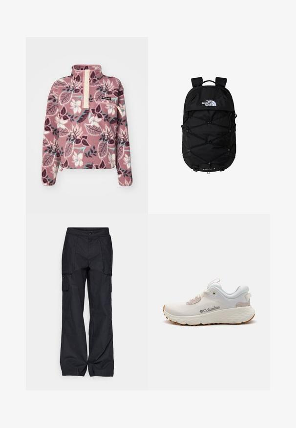 Pullover in pile rosa con motivo floreale, dotato di pattina con mezza abbottonatura e tasca con zip, realizzato in tessuto morbido e texture.; Columbia BREA FALLS™ COTTON RIPSTOP PANT - Pantaloni outdoor - black; Scarpa atletica leggera Columbia in rete bianca con suola grigia testurizzata e trazione in gomma. Presenta un colletto imbottito e un design con lacci.; Zaino nero con scomparto principale con cerniera, design con cordino elastico, spallacci imbottiti e logo sulla parte anteriore; realizzato in tessuto resistente.