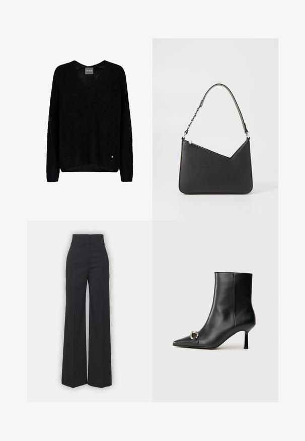 Zwarte, gebreide trui met een V-hals en lange mouwen. Beschikt over een relaxte pasvorm en een klein metallic logo-accent aan de onderkant links.; Wijdvallende broek in zwarte stof met een hoge tailleband, met een schone afwerking en een gladde textuur. Geen zichtbare hardware of patronen.; Zwarte leren enkelboot met spitse neus, slanke middenhoge hak en zilveren gespdetail aan de zijkant op een effen achtergrond.; Zwart leren handtas met een driehoekige vorm, een slanke strap en zilveren hardware. Voorzien van een ritssluiting en een reliëflogo op de voorkant.