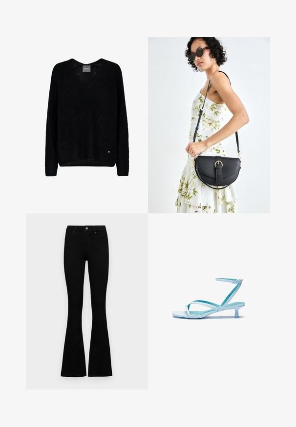 Suéter preto em malha com decote em V e mangas longas. Apresenta um corte ligeiramente relaxado e um pequeno destaque em logotipo metálico na parte inferior esquerda.; Jeans pretos de cintura alta com fecho de botão e zíper, bolsos frontais e pernas largas dispostos em cima de um fundo branco.; Sandal de tira azul claro com ponta quadrada, salto baixo, tira ajustável no tornozelo e acabamento liso e brilhante. Tiras cruzadas na palmilha.; Bolsa de couro preta com forma curva, alça destacável e detalhes em dourado. A bolsa possui uma aba com detalhe de fivela.