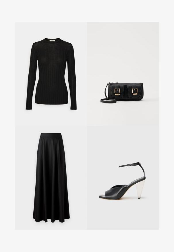 Svart ribbad långärmad åtsittande tröja med rund halsringning och subtil vertikal struktur, visad på en enkel vit bakgrund.; Svart kjol i golvlängd med slät textur, bred midja och plisserad design, utan synliga mönster eller dekorationer.; Svart läder hög klack sandalett med öppen tå, asymmetrisk design, ankelrem och en metallisk konformad klack. Slät textur genomgående.; Svart läderaxelväska med två framfickor, guldspännen, dragkedjestängning och en smal rem. Texturerad yta och kompakt rektangulär form.