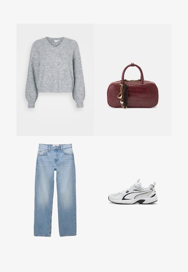 Šedý zkrácený svetr s výstřihem do V, spadlými rameny, texturovaným materiálem a žebrovaným lemem. Měkký pletený materiál s jemnými vzorovými detaily.; Bílá dlouhá košile s rukávy vyrobena z žebrované látky, s kulatým výstřihem a přiléhavým střihem. Žádné vzory ani ozdoby nejsou viditelné.; Světle modré denimové džíny se střihnutím rovného nohavice, v pěti kapsách a viditelnými švy. Materiál je měkký a má jemně vybledlý vzhled.; Bílé a černé sportovní tenisky s síťovinou a koženými detaily, šněrování a silná polstrovaná podrážka na bílém pozadí.; Burgundská kabelka s texturovaným krokodýlím vzorem, dvěma krátkými rukojeťmi a dekorativním zlatým kováním včetně přívěsku a řetízkového detailu.