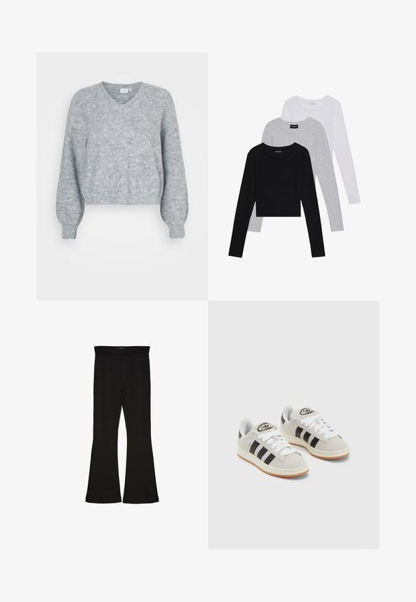 Sivota skrajšana jopica z V-izrezom, spuščeno ramensko krojenje, teksturiran material in rebrast rob. Mehak pleten material s subtilnimi vzorčnimi detajli.; Tri dolga rokava zložena: črna, siva in bela. Vsaka ima okroglo izreznico in skrajšan dizajn z gladkim, lahkotnim materialom.; Črne flare leggings iz raztegljive tkanine. Imajo širok pas in gladko teksturo, s prilegajočo silhueto, ki se na robu razširi.; Sive športne čevlje iz semiša z belimi vezalkami, črnimi črtami in belim gumijastim podplatom. Imajo okroglo oznako na ježku in podplat iz gume.