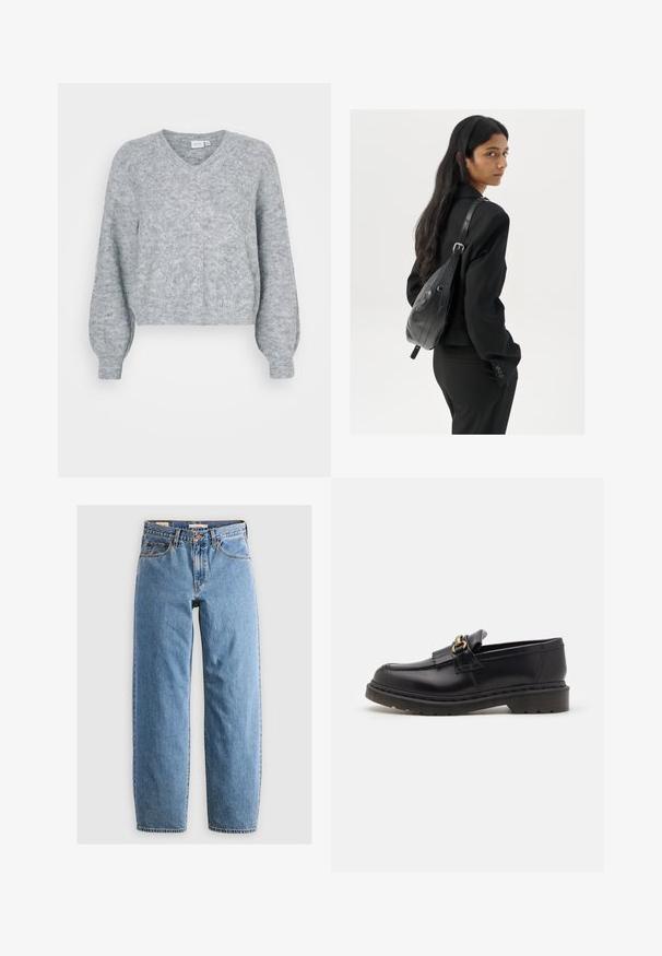 Gray cropped sweater with a V-neck, drop shoulder sleeves, textured fabric, and ribbed hem. Soft knit material with subtle pattern details.; Light blue denim jeans with a straight leg design, five pockets, a zipper fly, and a subtle faded texture. Classic styling with minimal hardware.; Black leather loafers with a rounded toe, decorative fringe, and gold hardware accent. Thick rubber sole for added traction and durability.; Woman with long dark hair wearing a black suit, carrying a black leather shoulder bag, looking over her shoulder against a white background.