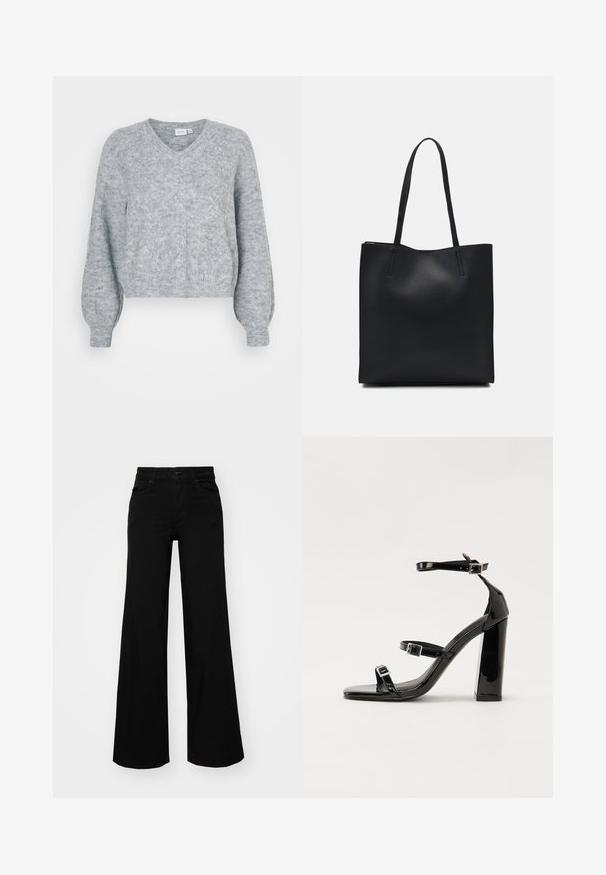 Pelēks īsais džemperis ar V-veida kakla izgriezumu, nokritušām piedurknēm, strukturētu audumu un ribotu apakšmalu. Mīksts adījums ar smalkiem raksta elementiem.; Melni plaša kāju bikses, izgatavotas no džinsa, ar strukturētu jostu, jostu cilpiņām un priekšējām kabatām. Gluda tekstūra ar klasisku dizainu.; Melnas lakotas augstpapēžu čības ar kvadrāta purngalu, potīšu siksniņām un sudraba sprādzēm. Aprīkotas ar masīvu bloku papēdi stabilitātei.; Melnas ādas somiņa ar gludu tekstūru, taisnstūra formu un divām garām rokturiem. Nav redzamu aparatūras vai rotājumu.