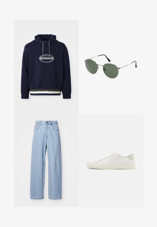 Navy blue hoodie with embroidered logo in an oval patch. Features a drawstring hood and a textured ribbed hem with contrasting stripes.; Light blue denim jeans with a wide-leg design, featuring front pockets, a button fastening, and detailed stitching along the seams.; White leather sneaker with a smooth surface, round toe, and minimalistic design. Features beige accents on the heel and a rubber sole.; Metal-framed sunglasses with oval green lenses. Thin silver metal frame and black ear tips. Minimalist design, no visible logos.