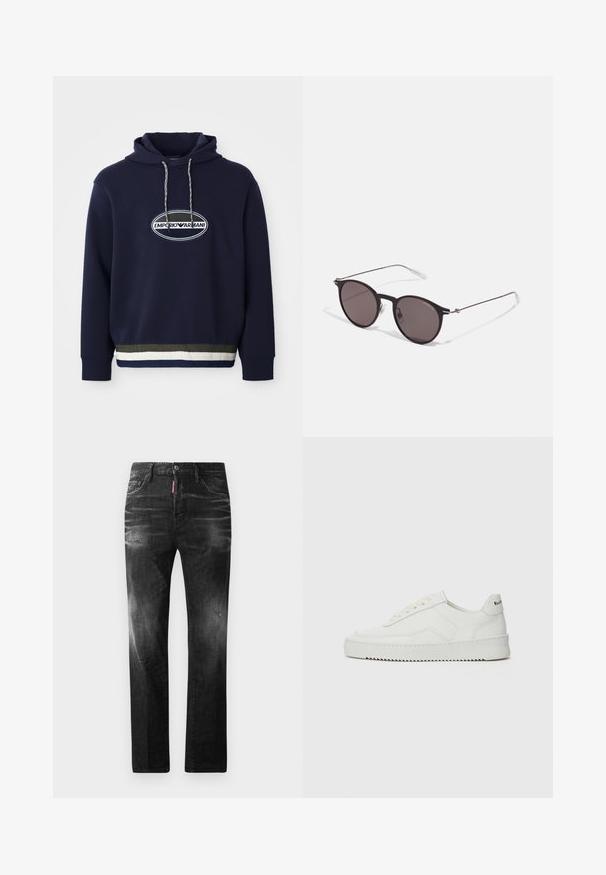 Hoodie bleu marine avec un logo brodé dans un patch ovale. Comprend une capuche avec cordon de serrage et un ourlet côtelé texturé avec des rayures contrastées.; Jean en denim noir avec une coupe droite. Présente des zones décolorées, un léger effet usé, un design classique à cinq poches et une fermeture à bouton.; Baskets en cuir blanc avec une finition lisse, bout arrondi, lacets plats et semelle texturée. Présente un logo discret sur le talon.; Lunettes de soleil noires rondes avec verres sombres et branches en métal fines. Comprend des embouts transparents et des accents argentés au niveau de la charnière. Design minimaliste.