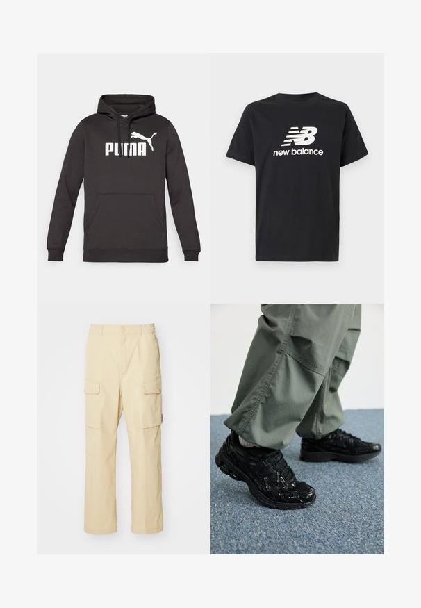 Black hooded sweatshirt with a front kangaroo pocket, featuring a prominent white "PUMA" logo and a white puma silhouette. Soft fabric texture.; Black cotton T-shirt featuring a white New Balance logo and graphic design on the front. Short sleeves and a crew neck.; Beige cargo pants made of fabric with an elastic waistband and button closure. Features two side pockets and a straightforward design.; Black athletic sneakers with glossy and mesh textures, featuring a thick sole and laces, paired with loose olive-green cargo pants.