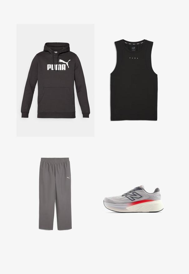 Čierna mikina s kapucňou a prednou vreckom vo forme kengury, s výrazným bielym logom "PUMA" a bielou siluetou pumy. Mäkka textúra látky.; Čierny bezrukávový športový top vyrobený z hladkej tkaniny. Obsahuje logo PUMA v bielej farbe, okrúhly výstrih a bočné panely z mäkkého materiálu pre ventiláciu.; Sivé športové nohavice s elastickým pásom, vyrobené z ľahkej textílie. Na ľavom stehne sa nachádza malé bílé logo.; Svetlošedý atletický topánka s priedušným sieťovinovým zvrškom, kontrastnými červenými akcentmi, polstrovanou podrážkou a zaoblenou špičkou pre podporu.