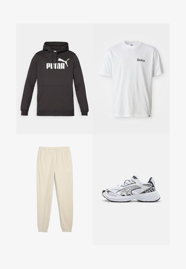 Zwarte hoodie met een voorste kangoeroezak, voorzien van een opvallend wit "PUMA" logo en een witte puma-silhouet. Zachte stoftextuur.; Witte katoenen T-shirt met korte mouwen en een ronde hals. Heeft een zwart "Dickies" logo gedrukt op de linkerborst.; Beige sweatpants met elastische tailleband en zijzakken. Heeft een wit "Puma" logo op het linkerpoot. Zacht materiaal en tapered leg ontwerp.; Witte sportieve sneaker met zwarte accenten. Bovenwerk van mesh en synthetisch materiaal, dikke zool en gebogen ontwerp. Voorzien van een vetersluiting en logo-details.