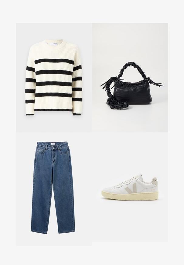 Kremfarget genser med brede sorte striper, ribbet tekstur og rund hals. Lange ermer med sorte mansjetter.; Klassiske blå denimjeans med rett ben-design, fem lommer og knappelukking. Har en middels vask og solid tekstur.; Hvite lær sneakers med beige semsket detaljer, perforert tåboks, flate lisser og en teksturert kremfarget såle. Har subtil branding på hælen.; Svart faux skinn-håndveske med krokodilletekstur, strammet topp og en rynket stropp. Ser myk og kompakt ut i designen.