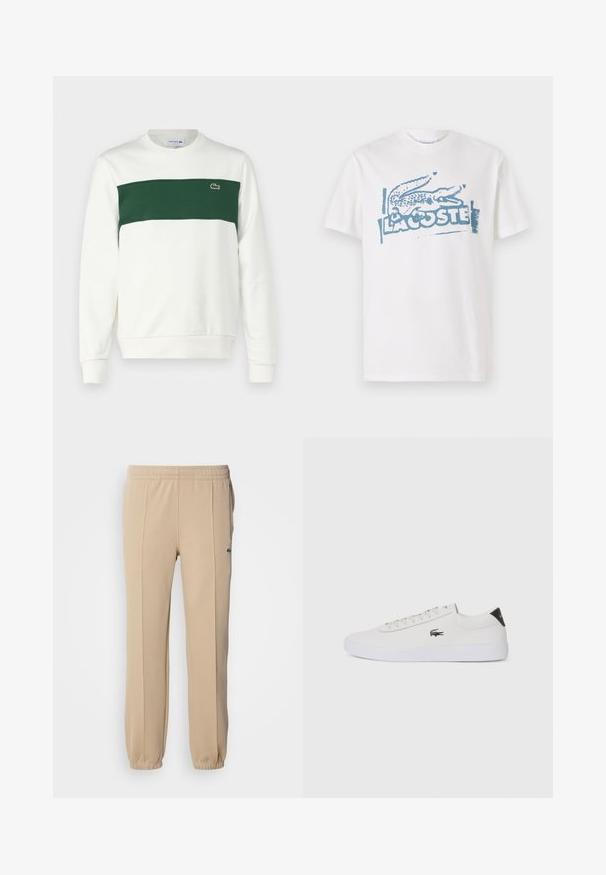 Lacoste Camisola - flour/green; T-shirt de algodão branca com um logo de crocodilo azul e o texto "LACOSTE", mangas curtas, corte relaxado e textura suave.; Lacoste Calças de fato de treino - viennese; Sapatilha de couro branco com biqueira arredondada, atacadores na frente e detalhe preto no calcanhar. Apresenta um pequeno logótipo de crocodilo bordado na lateral.