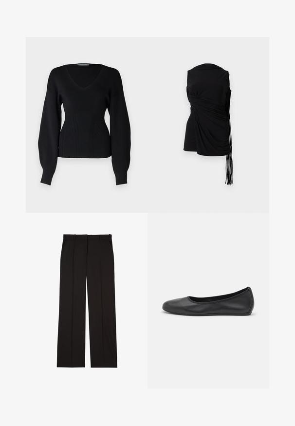 Schwarzer Strickpullover mit V-Ausschnitt, langen Ärmeln und gerippter Textur. Verfügt über vertikale Muster im Torso und einen taillierten Bereich.; Schwarzes ärmelloses Oberteil mit drapierter Stoff, seitlicher Raffung und verlängerter Fransen-Detail, das eine glatte Textur und eine figurbetonte Silhouette hat.; Schwarze, maßgeschneiderte Hosen aus einem glatten Stoff, mit geradem Bein und zwei Seitentaschen. Elegante und minimalistische Konstruktion.; Schwarze Leder-Ballettschuhe mit abgerundeter Spitze, glatter Textur, minimalen Nähdetails und einem flexiblen Sohlen-Design.