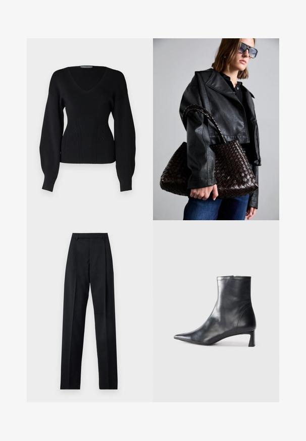 Fekete kötött pulóver V-kivágással, hosszú ujjakkal és bordázott textúrával. Vertikális mintákkal rendelkezik a törzsön és függőleges derékrészen.; Fekete nadrág sima anyagból, magas derékkal, széles lábakkal, elülső redőkkel és klasszikus övhurkokkal. Oldalzsebek nem láthatók.; Fekete bőr bokacsizma hegyes orral és letisztult dizájnnal. Alacsony sarka és hátsó cipzáras záródása van. Simának tűnő textúra.; DRAGON DIFFUSION SANTA CROCE BIG - Kézitáska - dark brown