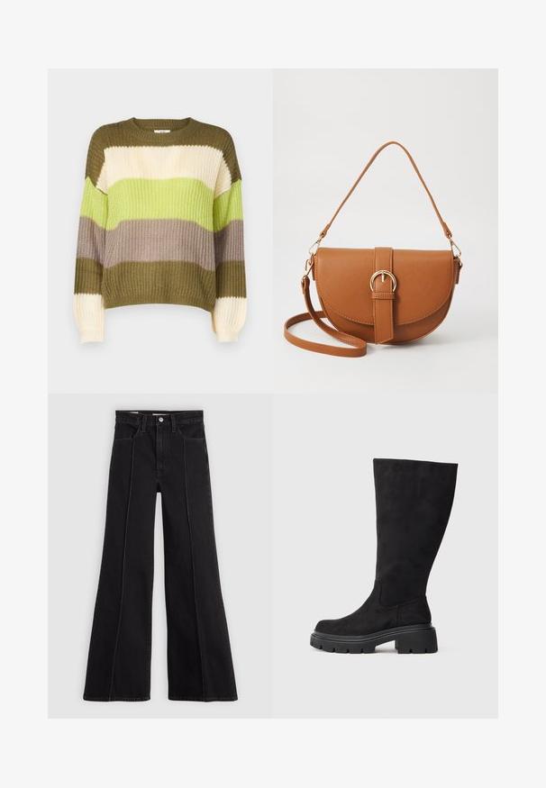 JDY JDYBADUT PULLOVER - Camisola - winter moss; Jeans largos de cintura alta pretos com detalhes em costura frontal, fecho por botão, passantes para cinto e bolsos frontais, em um fundo claro e simples.; Bota preta até ao joelho feita de camurça macia, com sola grossa de borracha preta e biqueira ligeiramente arredondada. Apresenta um design sem costuras e textura lisa.; Bolsa transversal de couro castanho com um formato curvado, ferragens douradas e um detalhe de fivela. Inclui uma alça de ombro destacável.