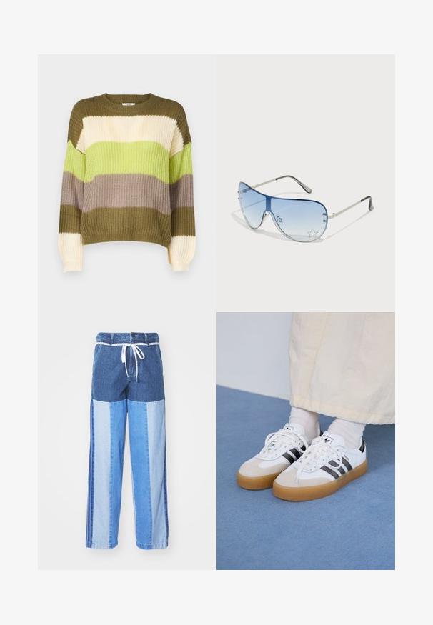 JDY JDYBADUT PULLOVER - Pulover - winter moss; Pantaloni din denim albastru cu un design pe patchwork în nuanțe variate de albastru, cu talie cu șnur și picioare largi, cu croială dreaptă.; Adidași albi cu dungi negre și accente din suede bej. Au talpă din cauciuc texturat și șireturi albe plate, purtați cu șosete de culori deschise.; Ochelari de soare aviator cu lentilă gradient albastră, ramă metalică argintie și accente decorative sub formă de stele pe lentilă. Design neted și elegant.