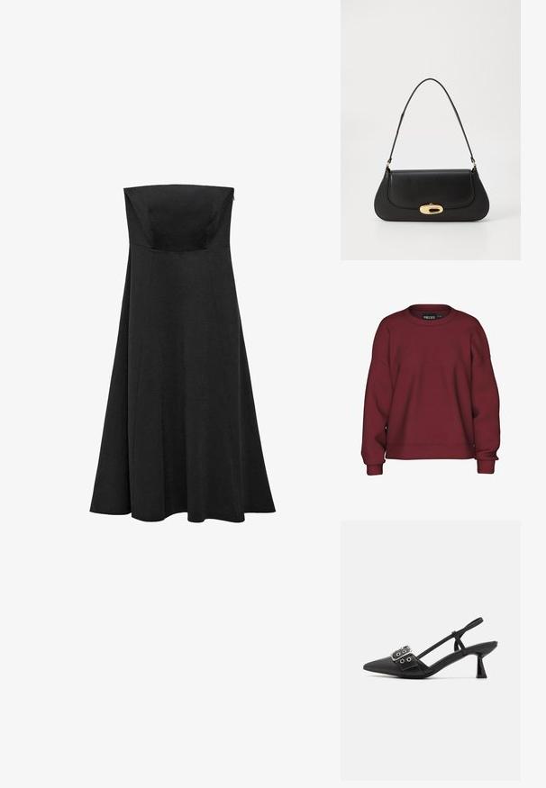 Burgundowa bluza z okrągłym dekoltem, luźnym krojem, długimi rękawami, ściągaczami na mankietach i miękką teksturą z mieszanki bawełnianej. Prosty design, bez wzorów.; Czarna sukienka bez ramiączek z dopasowanym bodicem i rozkloszowaną, do ziemi spódnicą. Wykonana z gładkiego materiału bez widocznych wzorów czy akcentów.; Simmi London DALA czarny; Czarna skórzana torebka o zaokrąglonym kształcie, z metalowymi elementami w kolorze złotym i górnym uchwytem. Posiada eleganckie zapięcie i gładką fakturę.