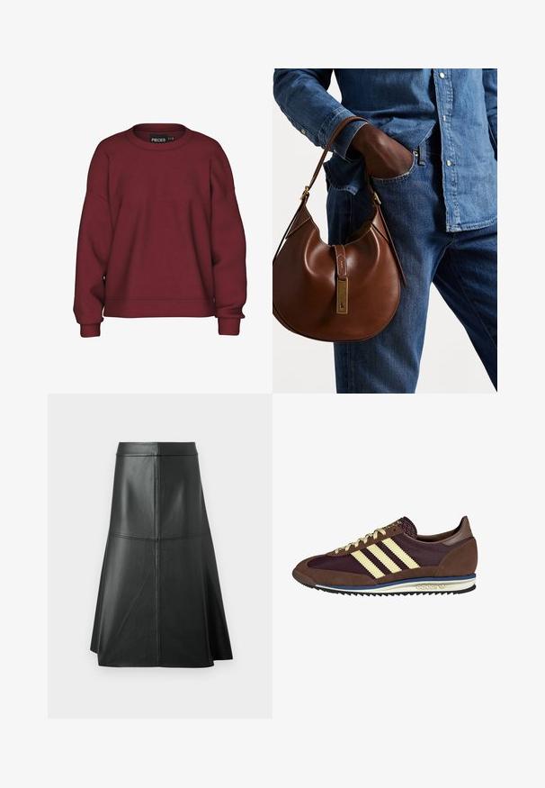 Burgundowa bluza z okrągłym dekoltem, luźnym krojem, długimi rękawami, ściągaczami na mankietach i miękką teksturą z mieszanki bawełnianej. Prosty design, bez wzorów.; Czarna skórzana spódnica w kształcie litery A, o gładkiej fakturze, długości do połowy łydki, z poziomymi detalami przeszycia w talii i na szwach, co dodaje jej struktury.; Brązowe i burgundowe sneakersy wykonane z zamszu i siateczkowych materiałów, z trzema kremowymi paskami, teksturowanym materiałem na języku i gumową podeszwą.; Brązowa skórzana torebka hobo w zaokrąglonym kształcie, z akcentami w złotym kolorze i kontrastowym przeszyciem. Połączona z dżinsową koszulą i spodniami dżinsowymi.