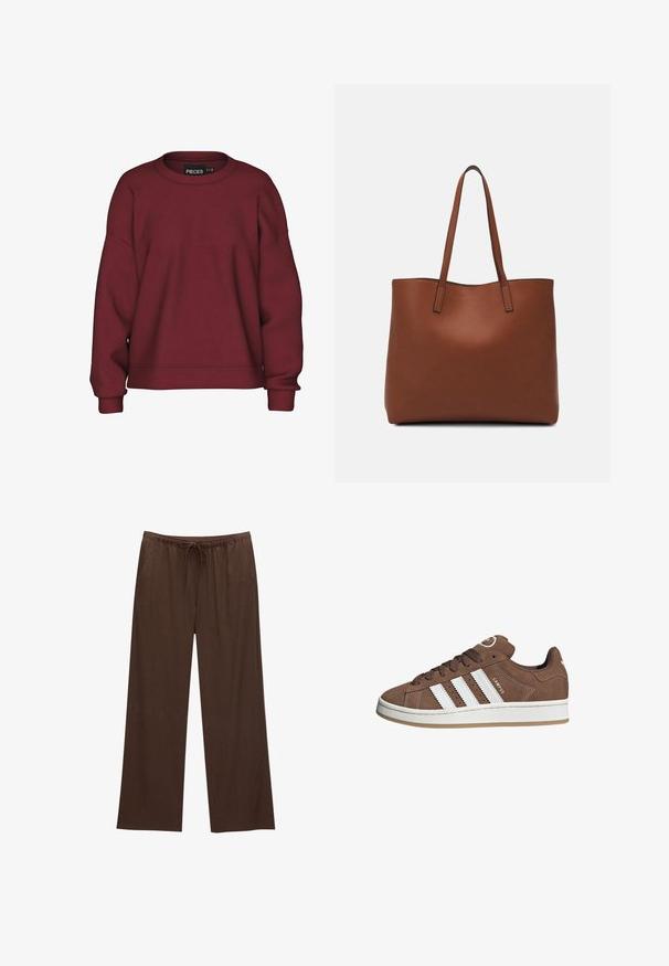Bordeauxfarbener Pullover mit Rundhalsausschnitt, lässiger Passform, langen Ärmeln, gerippten Bündchen und einer weichen Baumwollmischung. Einfaches Design, keine Muster.; Braune weite Hosen aus weichem Stoff, mit einem elastischen Bund und Kordelzug sowie zwei Seitentaschen.; Braune Wildledersneaker mit weißen Lederstreifen, Gummisohle, gerundetem Zehenbereich und Schnürung. Mit einem Logo auf der Zunge und perforierten Akzenten.; Braune Leder-Tote mit glatter Textur, offenem Oberteil und zwei Schulterriemen. Verfügt über minimale Nähte und keine sichtbaren Beschläge.