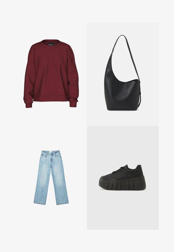 Bordo dukserica s okruglim izrezom, opuštenog kroja, dugih rukava, s rebrastim manžetama i mekim tekstilnim mješavinom pamuka. Jednostavan dizajn, bez uzoraka.; Svijetloplave široke traperice s visokim strukom, s izbljeđenim pranjem i malim, raštrkanim oštećenjima na cijeloj površini.; Crne platforme tenisice s glatkim sintetičkim gornjim dijelom, zaobljenim vrhom, vezicama i debelim, rebrastim potplatom za dodatnu visinu.; Crna kožna hobo torba s glatkom teksturom, zakrivljenim oblikom i jednom podesivom trakicom; ima širok otvor na vrhu.