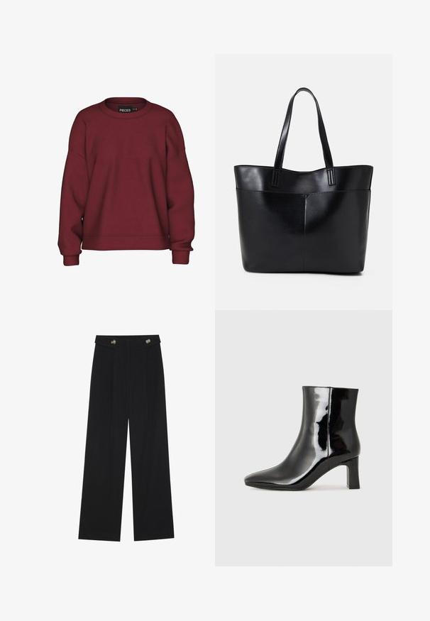 Burgundia värvi dressipluus ümmarguse kaelusega, mahuka lõikega, pika varrukaga, ribatud mansettide ja pehme puuvillase segutekstuuriga. Lihtne disain, ilma mustriteta.; Mustad laiad püksid kõrge vöökoha ja nööpdetailidega vööandil, esikortsudega.; Must-sinine nahkjalats musta läikiva viimistlusega, millel on terav nina ja keskmise kõrgusega plokk konts. Sile tekstuur ja minimalistik disain.; Must mustaga musta nahast, millel on kaks pikka kanda, sile tekstuur ja struktureeritud kuju. Esipoolsel on lisakoti jaoks tasku.